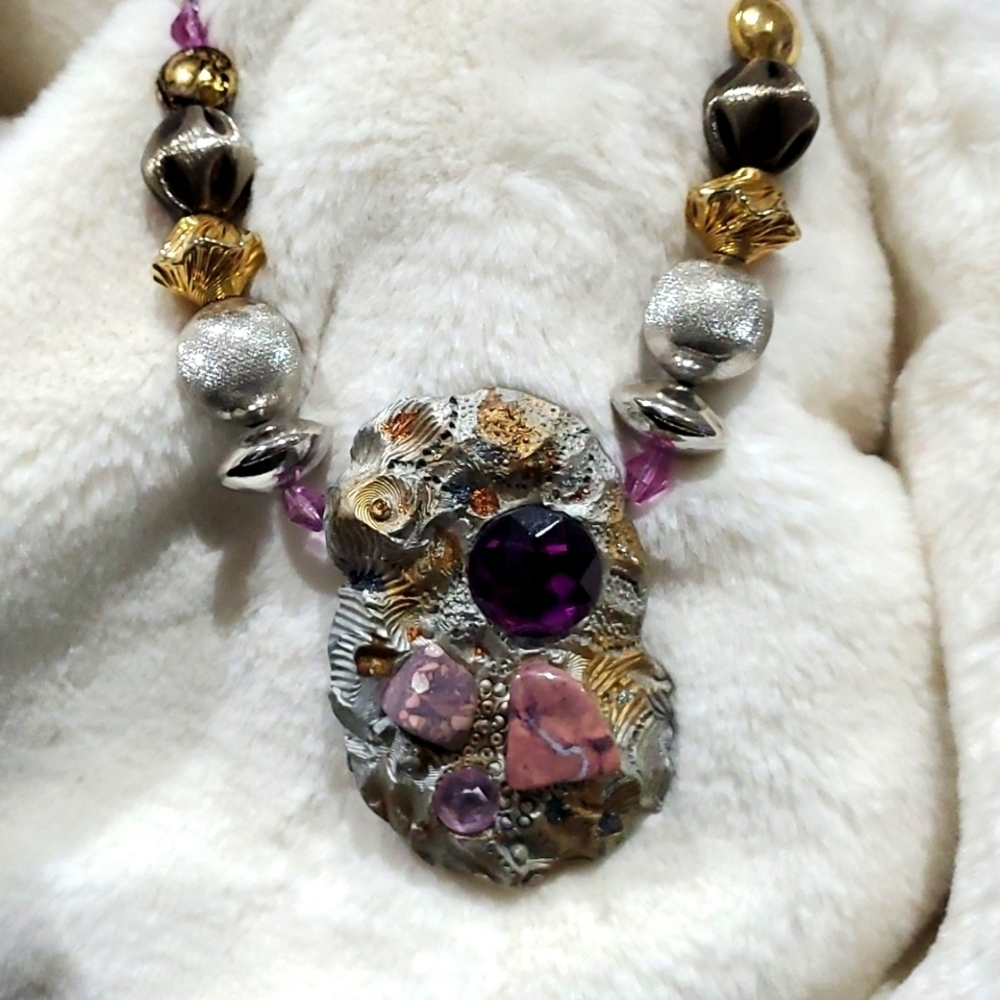 Rare Unique Chunky Statement Bead Necklace Heavy Hearts Rocks Gems Heavy